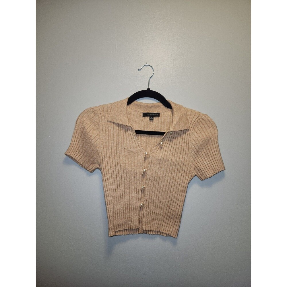 Tan Cotton Candy LA Sweater Tee | Ribbed | Cropped | Pearls | Small